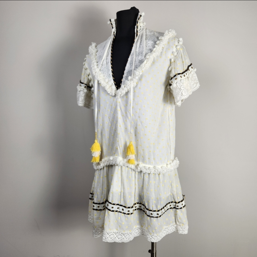 PLACE NATIONALE tiered eyelet yellow dot mini dress